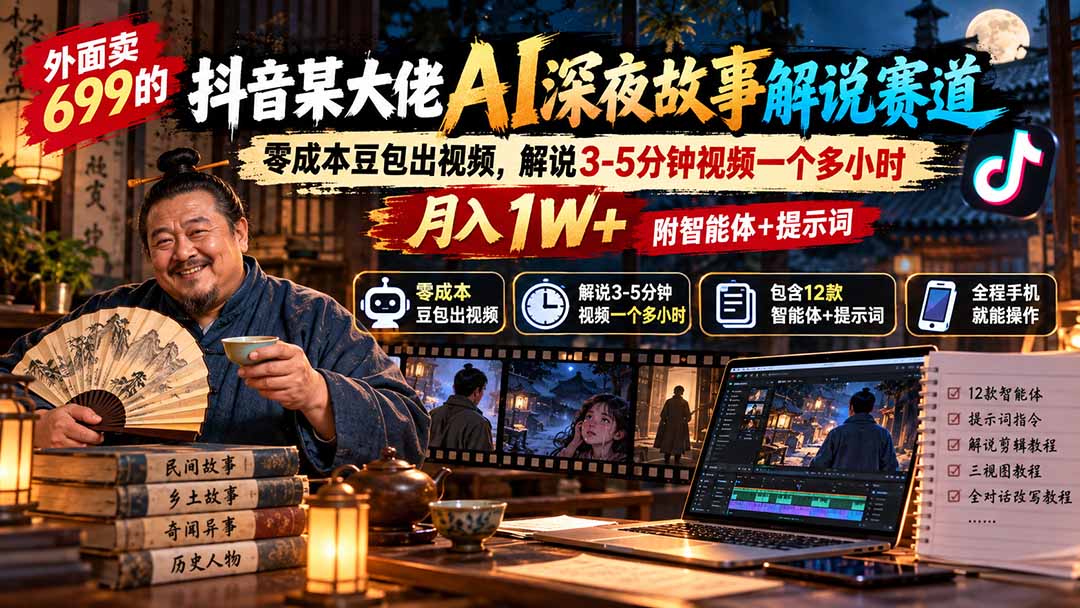 外面卖699抖音某大佬AI深夜故事解说赛道-更新：0成本豆包出视频+解说3-5分钟视频一个多小时，月入1W+附智能体+提示词-爱搭资源网