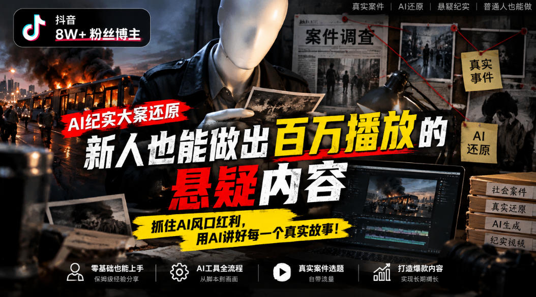 抖音8W粉丝博主的AI纪实大案还原教学，新人也能做出百W播放的悬疑内容，抓住AI风口红利，用AI讲好每一个真实故事-爱搭资源网