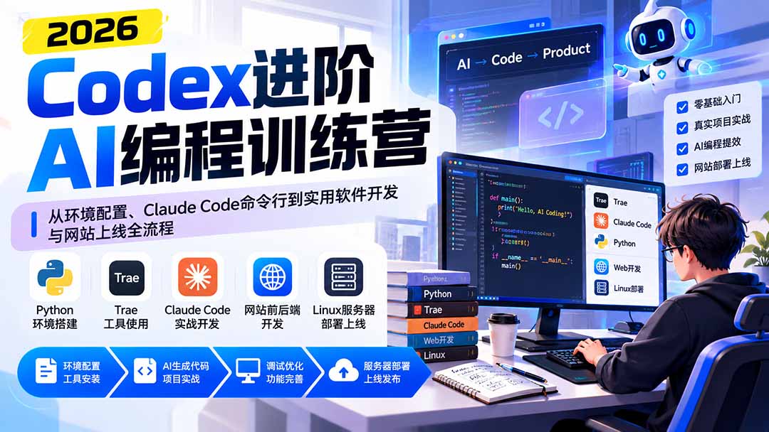 Codex进阶AI编程训练营：从环境配置、Claude Code命令行到实用软件开发与网站上线全流程-爱搭资源网