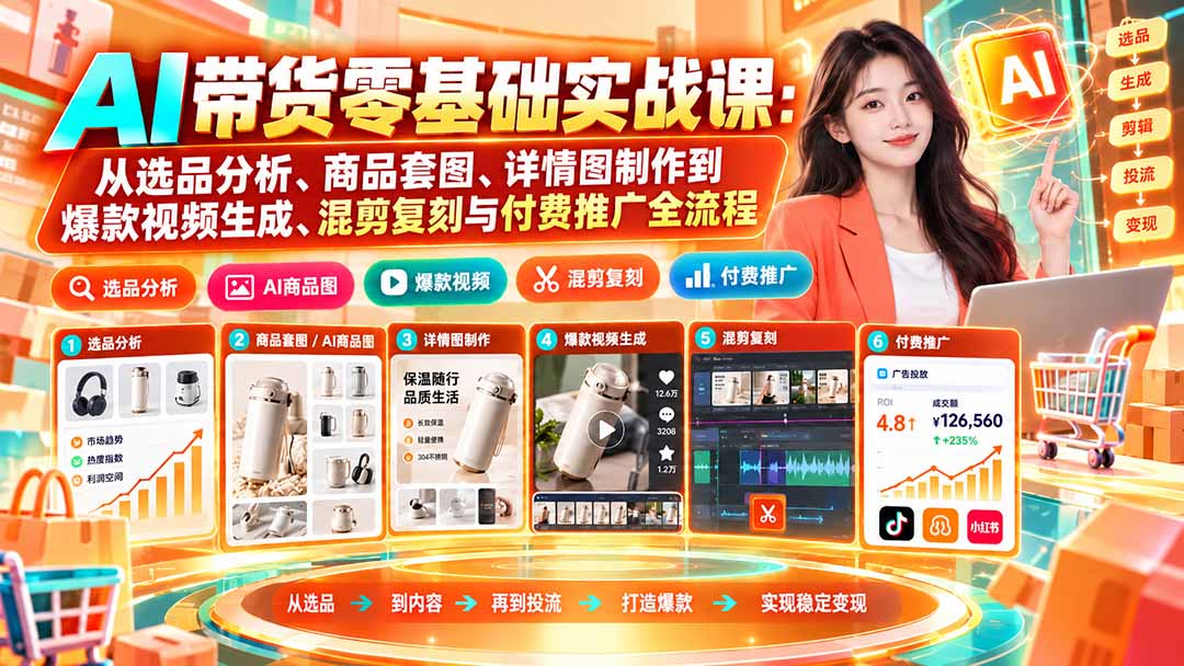 AI带货零基础实战课：从选品分析、商品套图、详情图制作到爆款视频生成、混剪复刻与付费推广全流程-爱搭资源网