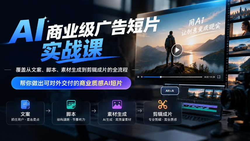 AI商业级广告短片实战课，覆盖从文案、脚本、素材生成到剪辑成片的全流程，帮你做出可对外交付的商业质感AI短片-爱搭资源网