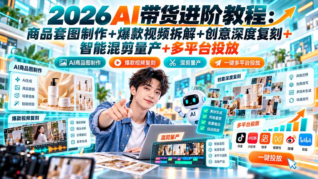 2026AI带货进阶教程：商品套图制作+爆款视频拆解+创意深度复刻+智能混剪量产+多平台投放-爱搭资源网