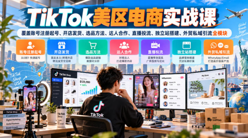 TikTok美区电商实战课，覆盖账号注册起号、开店发货、选品方法、达人合作、直播投流、独立站搭建、外贸私域引流全模块-爱搭资源网