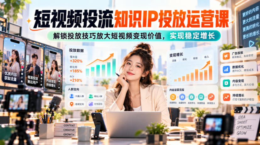 短视频投流知识IP投放运营课，解锁投放技巧放大短视频变现价值，实现稳定增长-爱搭资源网