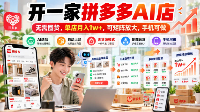 开一家拼多多AI店，无需囤货，单店月入1w+，可矩阵放大，手机可做【揭秘】-爱搭资源网