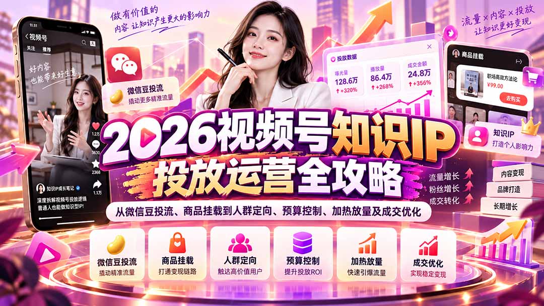 2026视频号知识IP投放运营全攻略:从微信豆投流、商品挂载到人群定向、预算控制、加热放量及成交优化-爱搭资源网