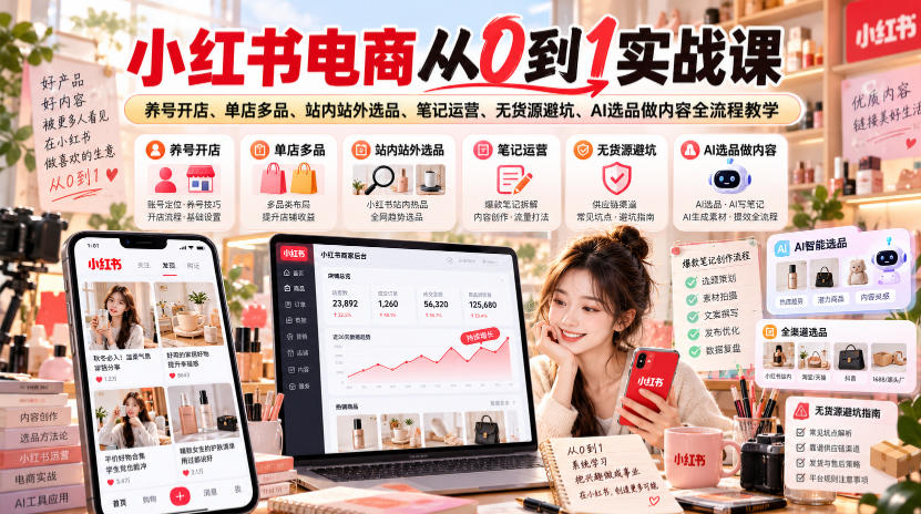 小红书电商从0到1实战课｜养号开店、单店多品、站内站外选品、笔记运营、无货源避坑、AI选品做内容全流程教学-爱搭资源网