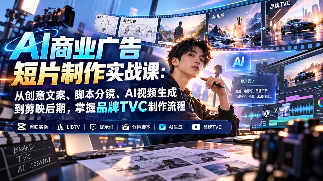 AI商业广告短片制作实战课：从创意文案、脚本分镜、AI视频生成到剪映后期，掌握品牌TVC制作流程-爱搭资源网