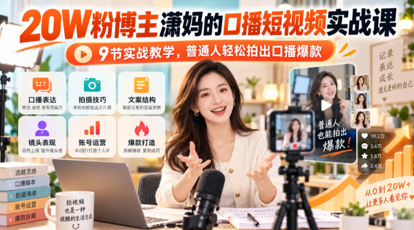 20W粉博主潇妈的口播短视频实战课，9节实战教学，普通人轻松拍出口播爆款-爱搭资源网