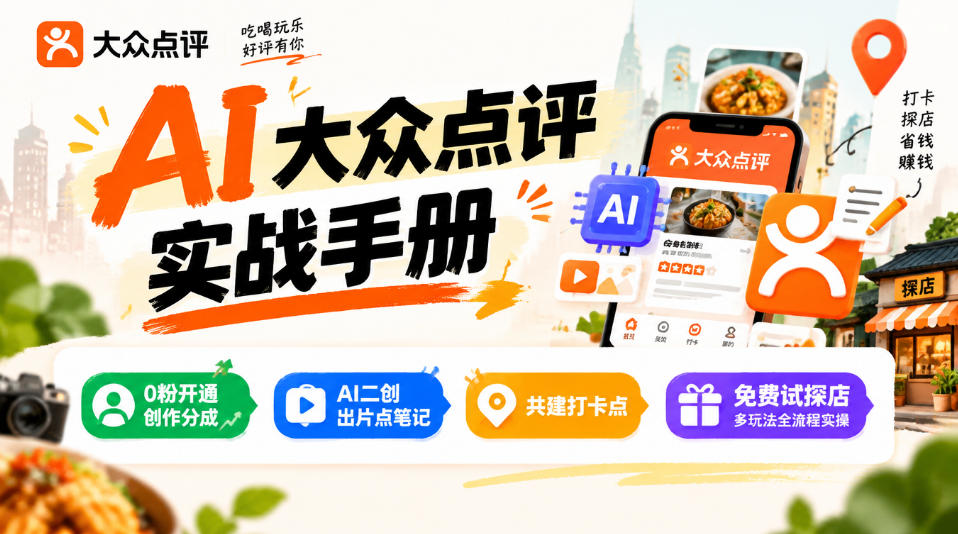 某局的AI大众点评实战手册，0粉开通创作分成、AI二创出片点笔记、共建打卡点、免费试探店多玩法全流程实操-爱搭资源网