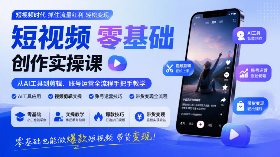短视频零基础创作实操课，从AI工具到剪辑、账号运营全流程手把手教学，零基础也能做爆款短视频带货变现-爱搭资源网