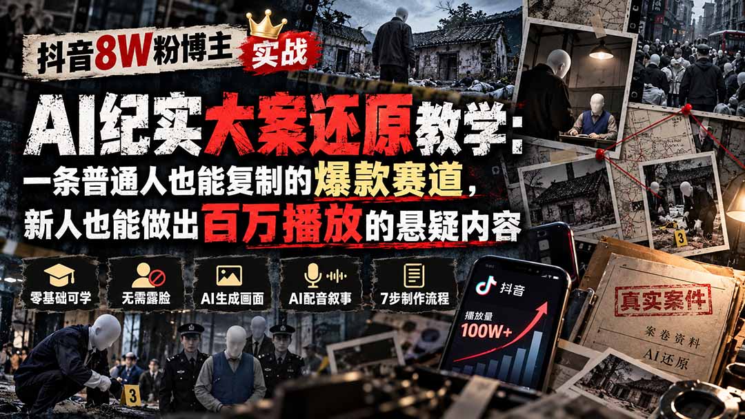 抖音8W粉博主AI纪实大案还原教学：一条普通人也能复制的爆款赛道，新人也能做出百万播放的悬疑内容-爱搭资源网