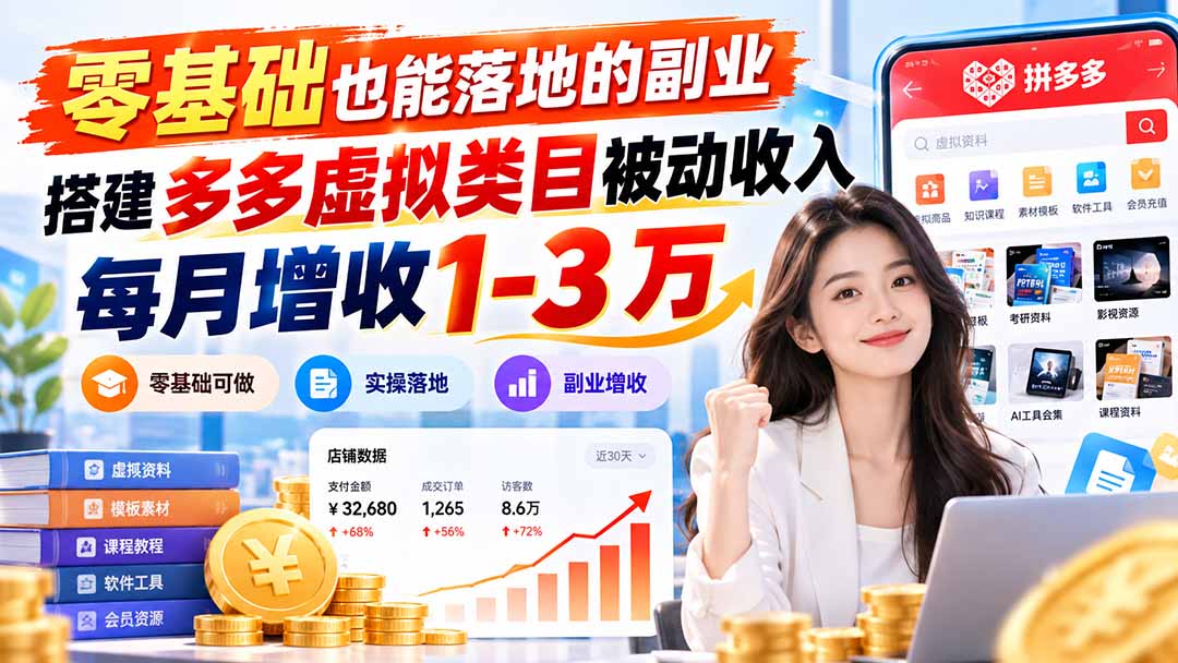 零基础也能落地的副业，搭建多多虚拟类目被动收入，每月增收 1-3 万-爱搭资源网