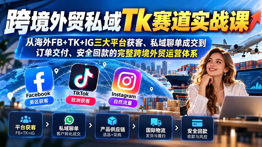 跨境外贸私域Tk赛道实战课：从海外FB+TK+IG三大平台获客、私域聊单成交到订单交付、安全回款的完整跨境外贸运营体系-爱搭资源网