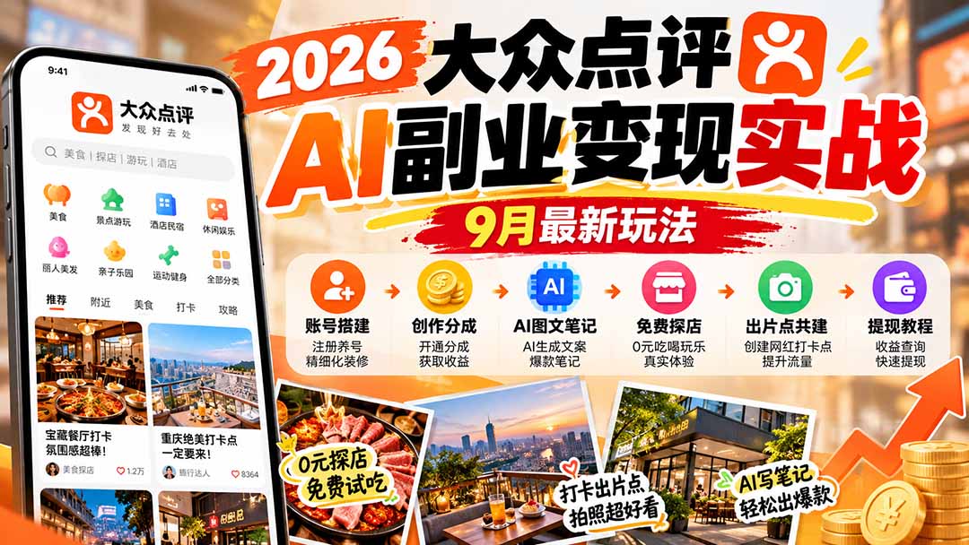 2026大众点评AI副业变现实战9月最新玩法：账号搭建+创作分成+AI图文笔记+免费探店+出片点共建与提现教程-爱搭资源网
