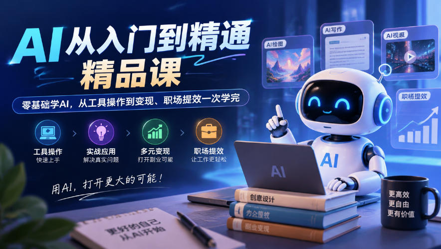 AI从入门到精通精品课,零基础学AI,从工具操作到变现、职场提效一次学完-爱搭资源网