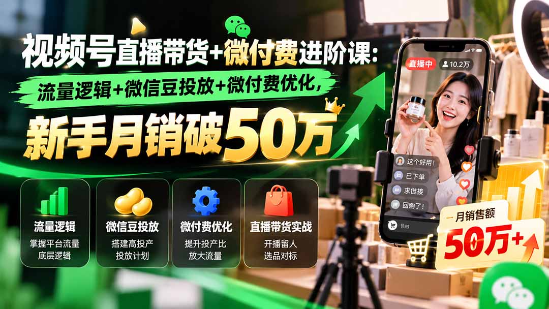 视频号直播带货+微付费进阶课-更新1010：流量逻辑+微信豆投放+微付费优化，新手月销破50万-爱搭资源网