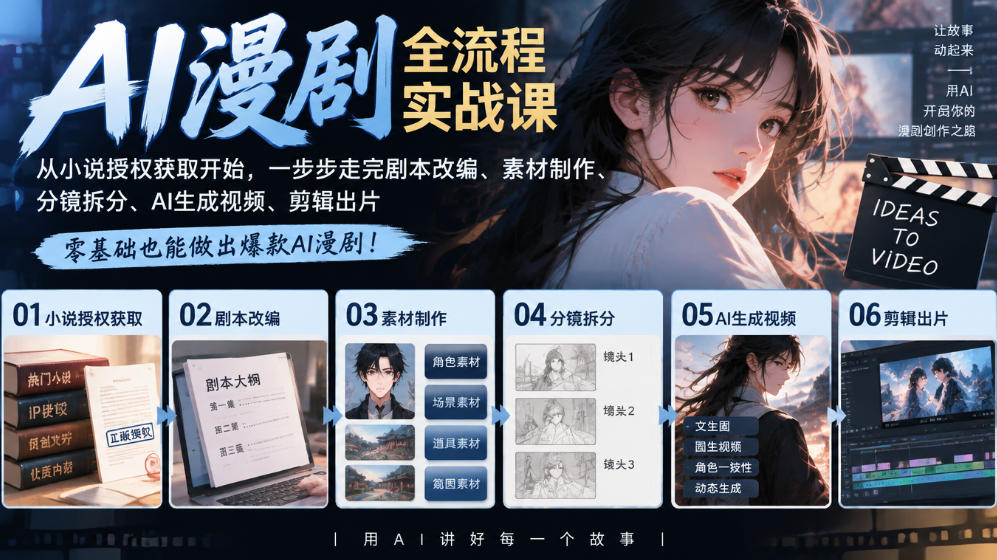AI漫剧全流程实战课｜从小说授权获取开始，一步步走完剧本改编、素材制作、分镜拆分、AI生成视频、剪辑出片全流程-爱搭资源网