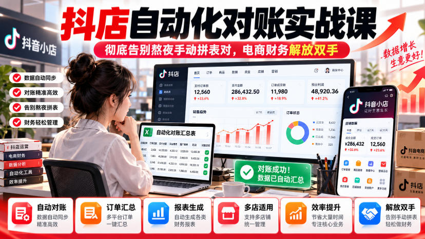 抖店自动化对账实战课，彻底告别熬夜手动拼表对，账电商财务解放双手-爱搭资源网
