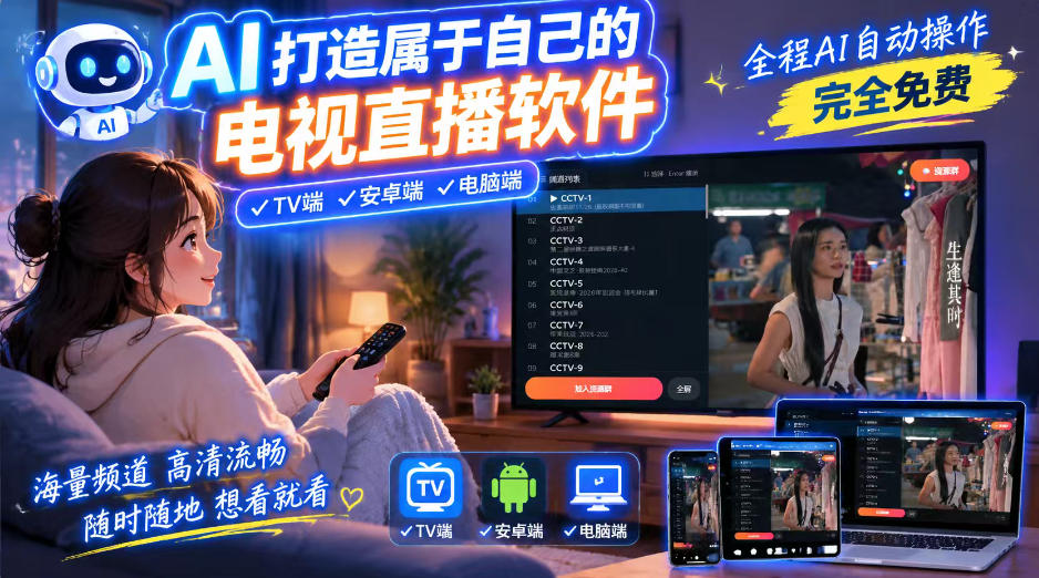 一个提示词，AI全自动做出电视直播软件，电脑、安卓、电视三端通用，完全免费，画质流畅不卡顿-爱搭资源网