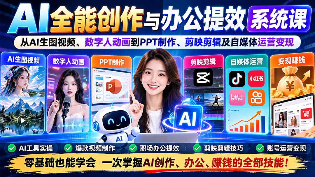 AI全能创作与办公提效系统课：从AI生图视频、数字人动画到PPT制作、剪映剪辑及自媒体运营变现-爱搭资源网