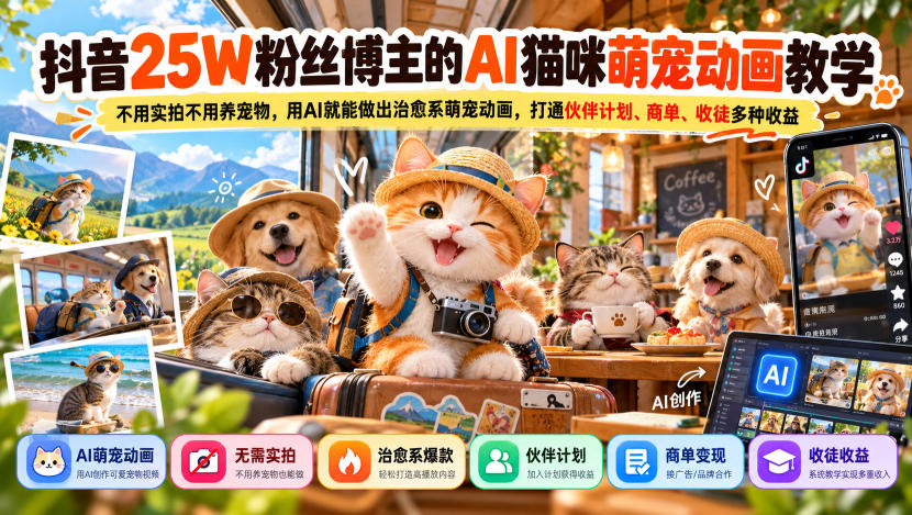 抖音25W粉丝博主的AI猫咪萌宠动画教学，不用实拍不用养宠物，用AI就能做出治愈系萌宠动画，打通伙伴计划、商单、收徒多种收益-爱搭资源网
