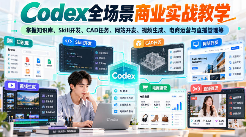 Codex全场景商业实战教学，掌握知识库、Skill开发、CAD任务、网站开发、视频生成、电商运营与直播管理等(更新1010)-爱搭资源网