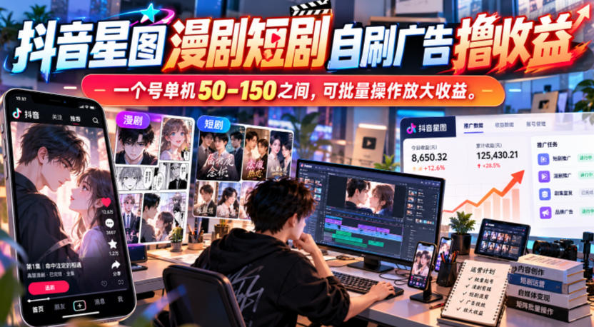 抖音星图漫剧短剧自刷广告撸收益，一个号单机50-150之间，可批量操作放大收益-爱搭资源网
