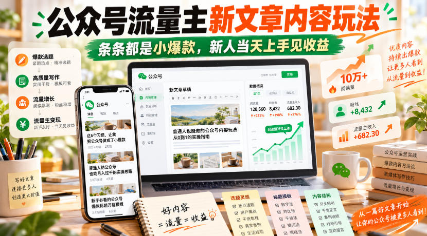 公众号流量主新文章内容玩法，条条都是小爆款，新人当天上手见收益-爱搭资源网