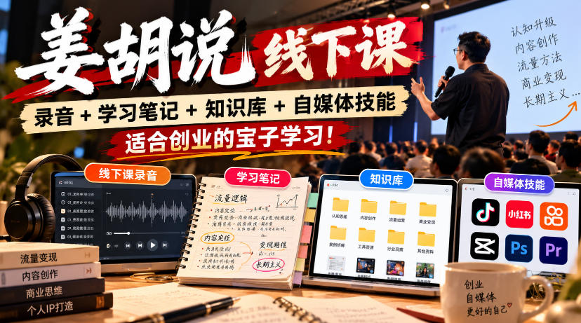 姜胡说线下课录音＋学习笔记＋知识库＋自媒体技能，​适合创业的宝子学习！-爱搭资源网