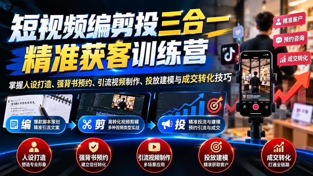 短视频编剪投三合一精准获客训练营：掌握人设打造、强背书预约、引流视频制作、投放建模与成交转化技巧-爱搭资源网