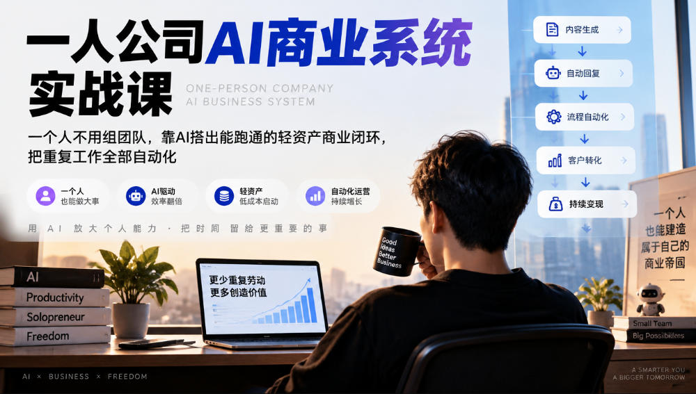 一人公司AI商业系统实战课，一个人不用组团队，靠AI搭出能跑通的轻资产商业闭环，把重复工作全部自动化-爱搭资源网