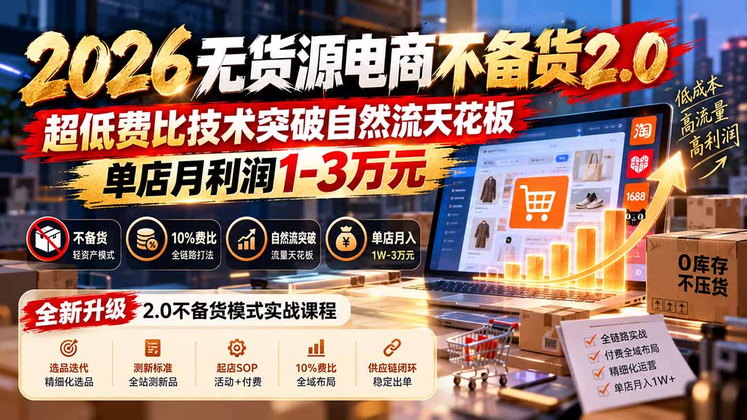 2026无货源电商不备货2.0【更新1010】：超低费比技术突破自然流天花板，单店月利润1-3万元-爱搭资源网