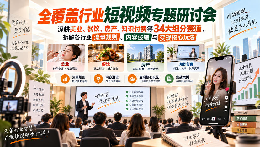 短视频专题研讨会，深耕美业、餐饮、房产、知识付费等34大细分赛道，拆解各行业流量规则、内容逻辑与变现核心玩法(更新1011)-爱搭资源网