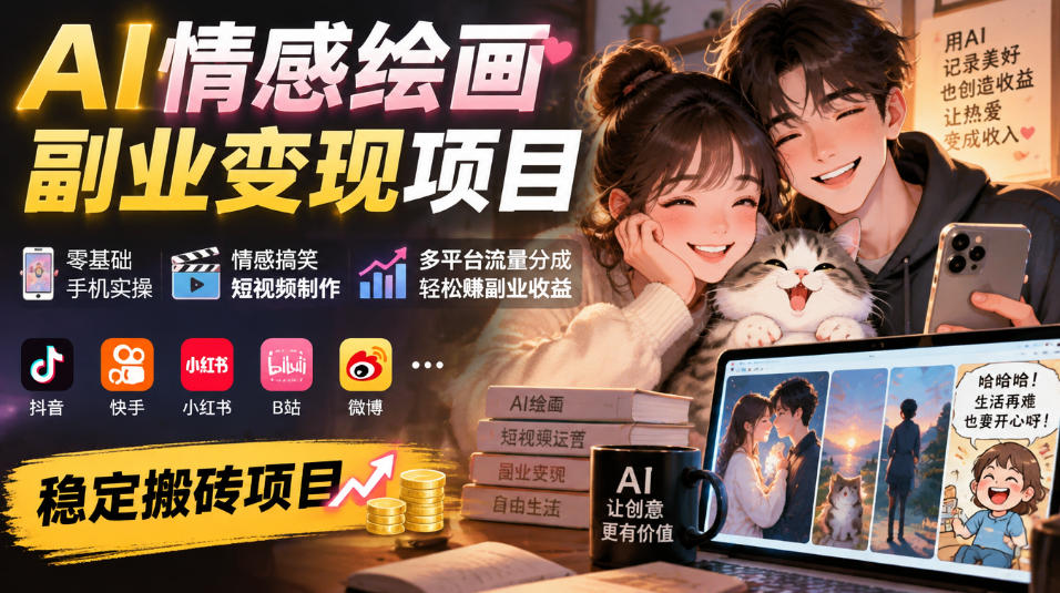 AI情感绘画副业变现项目｜零基础手机实操，情感搞笑短视频制作，多平台流量分成轻松賺副业收益-爱搭资源网
