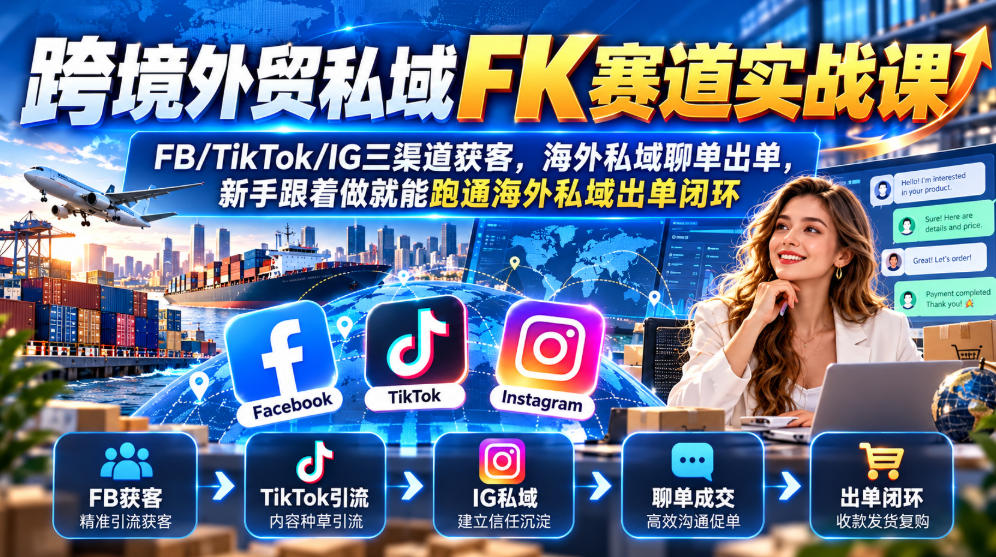 跨境外贸私域FK赛道实战课｜FB/TikTok/IG三渠道获客，海外私域聊单出单，新手跟着做就能跑通海外私域出单闭环-爱搭资源网