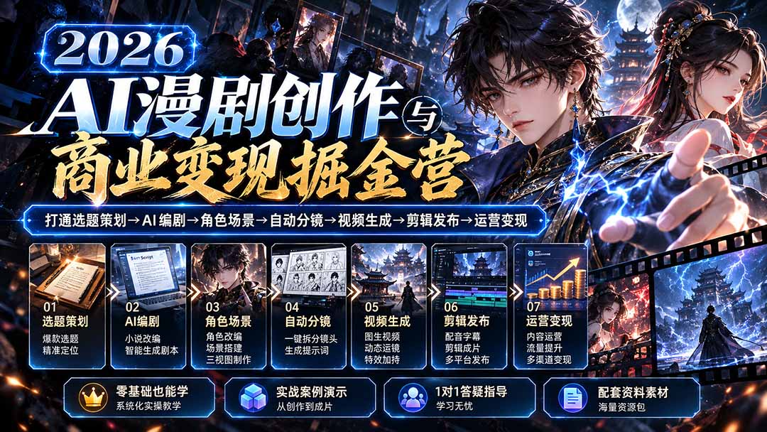 【无水印】2026AI漫剧创作与商业变现掘金营：打通选题→AI编剧→角色场景→自动分镜→视频生成→剪辑发布→运营变现-爱搭资源网