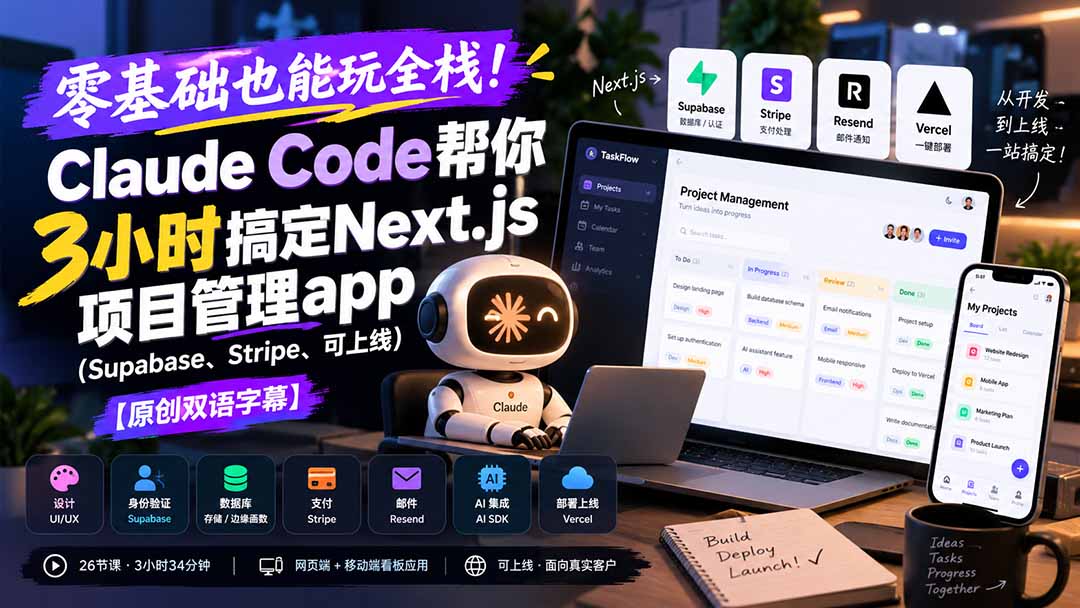 零基础也能玩全栈！Claude Code帮你3小时搞定Next.js项目管理app(Supabase、Stripe、可上线-爱搭资源网
