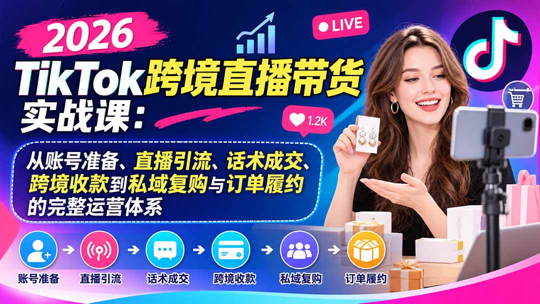 2026TikTok跨境直播带货实战课：从账号准备、直播引流、话术成交、跨境收款到私域复购与订单履约的完整运营体系-爱搭资源网