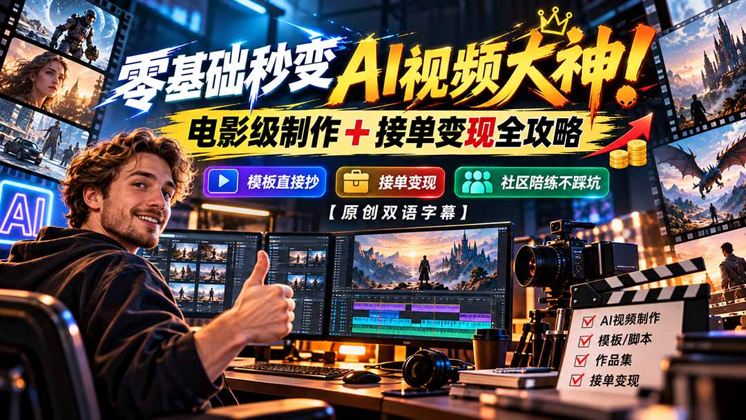 零基础秒变AI视频大神!电影级制作 + 接单变现全攻略,模板直接抄,社区陪练不踩坑【原创双语字幕】-爱搭资源网