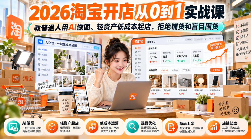 2026淘宝开店从0到1实战课，教普通人用AI做图、轻资产低成本起店，拒绝铺货和盲目囤货-爱搭资源网
