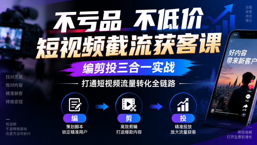 不亏品不低价短视频截流获客课，编剪投三合一实战，打通短视频流量转化全链路-爱搭资源网