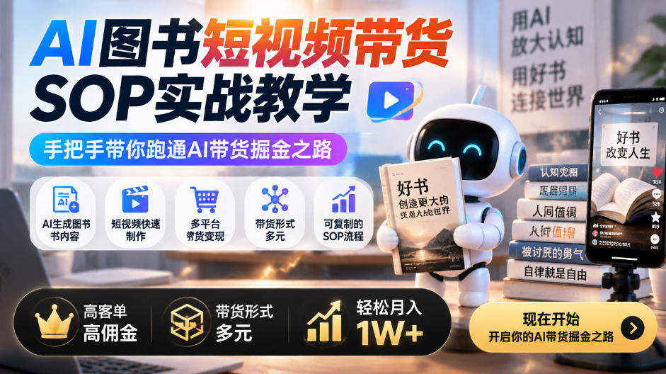AI图书短视频带货SOP实战教学，手把手带你跑通AI带货掘金之路，高客单高佣金，带货形式多元，轻松月入1W+-爱搭资源网