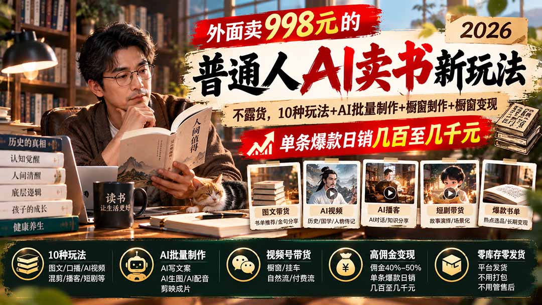 外面卖998元的2026普通人AI卖书新玩法：不露脸、不囤货，10种玩法+AI批量制作+橱窗变现，单条爆款日销几百至几千元-爱搭资源网