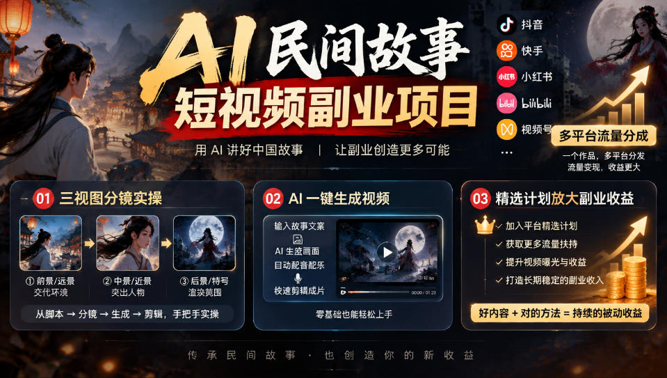 AI民间故事短视频副业项目，多平台流量分成，三视图分镜实操，精选计划放大副业收益-爱搭资源网