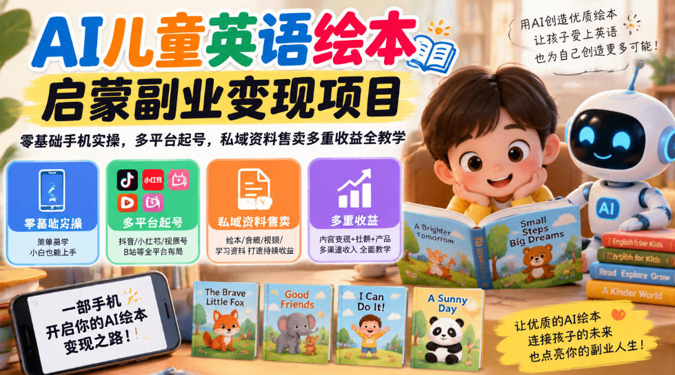 AI儿童英语绘本启蒙副业变现项目，零基础手机实操，多平台起号，私域资料售卖多重收益全教学-爱搭资源网