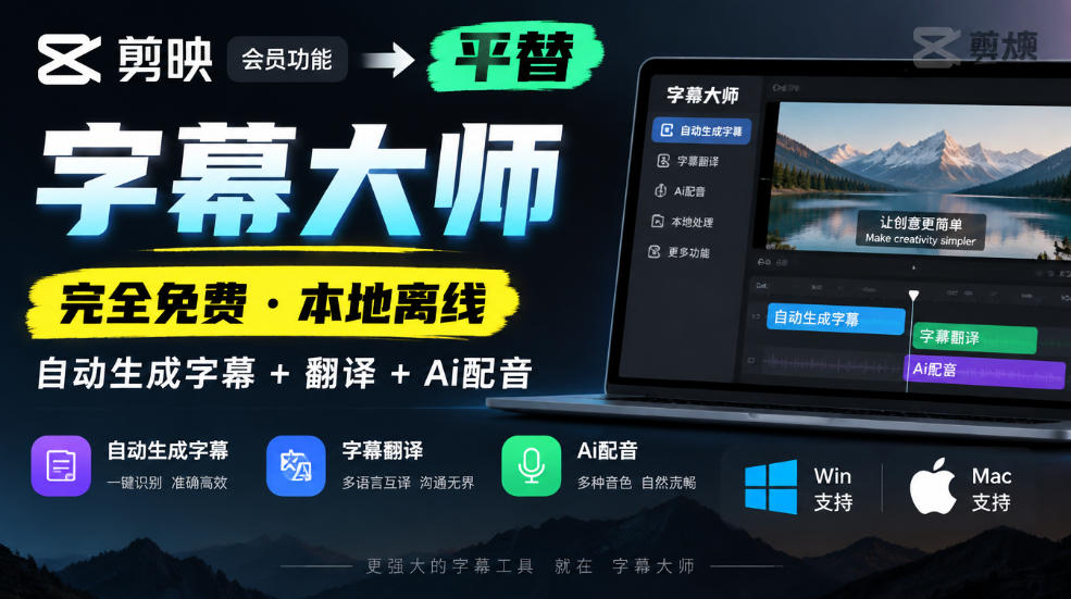 剪映会员功能平替，字幕大师完全免费本地离线，支持自动生成字幕+翻译+Ai配音，Win和Mac都支持！-爱搭资源网