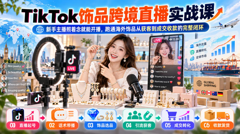 TikTok饰品跨境直播实战课，新手主播照着念就能开播，跑通海外饰品从获客到成交收款的完整闭环-爱搭资源网