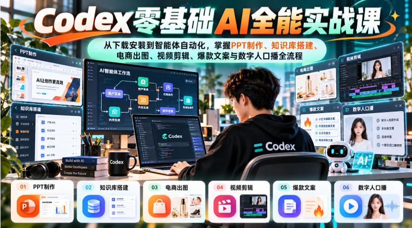 Codex零基础AI全能实战课：从下载安装到智能体自动化，掌握知识库搭建、电商出图、视频剪辑、爆款文案与数字人口播全流程-爱搭资源网