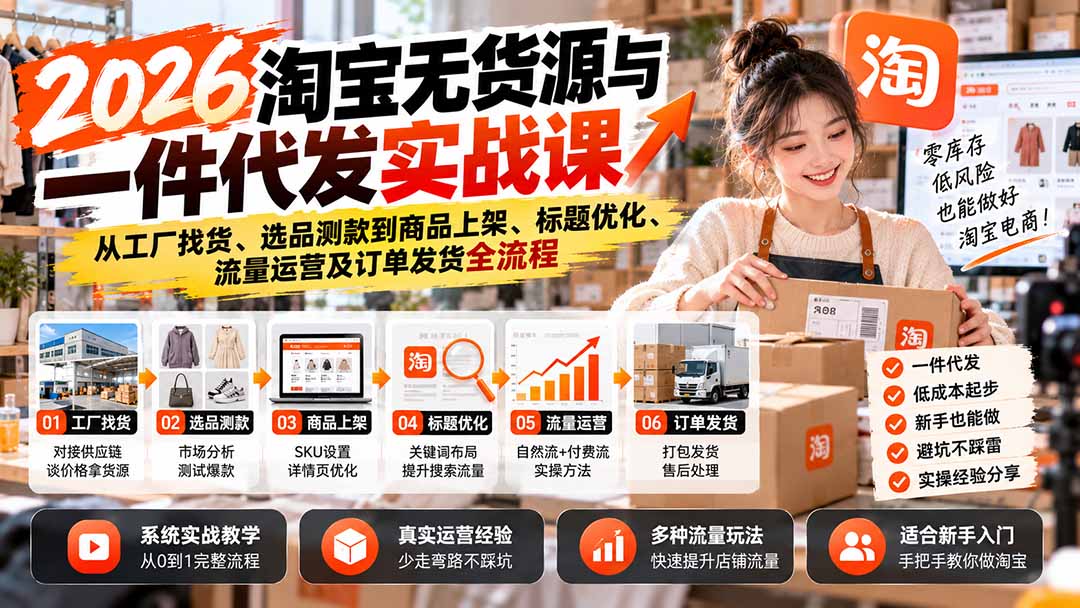 2026淘宝无货源与一件代发实战课：从工厂找货、选品测款到商品上架、标题优化、流量运营及订单发货全流程-爱搭资源网